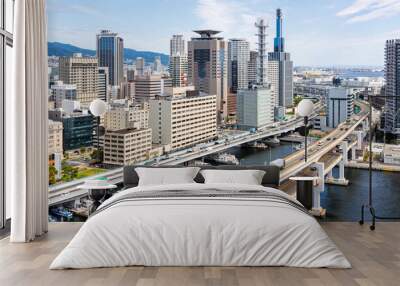 Kobe skyline from above with port and elevated road in Japan Wall mural