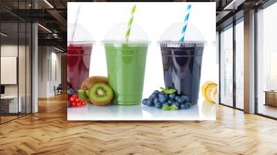 Set of fruit smoothies fruits orange juice drink straw in a cup isolated on white Wall mural