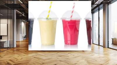 Set of fruit smoothies fruits orange juice straw drink in cups isolated on white Wall mural