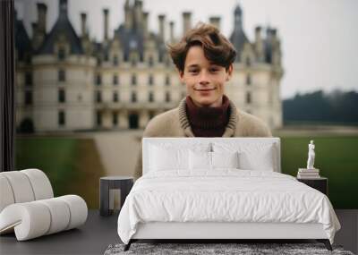 Close-up portrait photography of a glad boy in his 30s whispering wearing a chic cardigan at the chateau de chambord in chambord france. With generative AI technology Wall mural