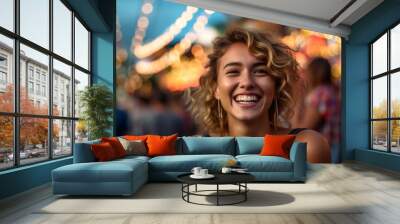 Close-up portrait photography of a happy girl in her 30s smiling against a lively festival ground background. With generative AI technology Wall mural