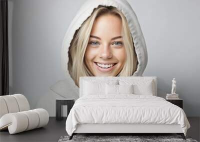 Close-up portrait photography of a joyful girl in her 30s wearing a cozy zip-up hoodie against a white background. With generative AI technology Wall mural