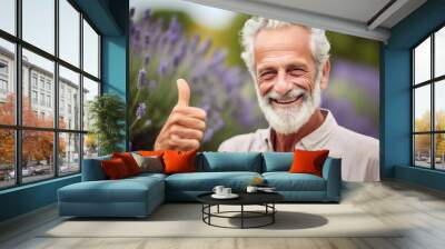 Close-up portrait photography of a joyful mature man showing a thumb up against a soft lavender background. With generative AI technology Wall mural