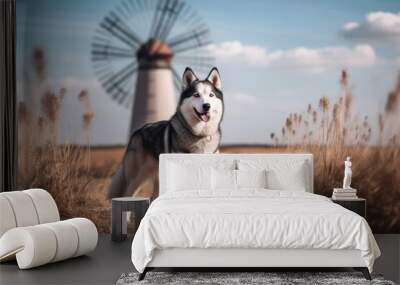 Full-length portrait photography of a happy siberian husky being with a pet fish against windmills background. With generative AI technology Wall mural