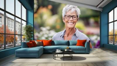 Headshot portrait photography of a grinning mature woman wearing knee-length shorts against a botanical garden background. With generative AI technology Wall mural