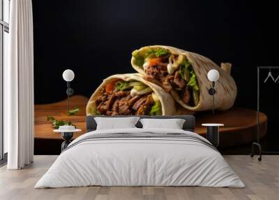 Juicy shawarma on a wooden board against a minimalist or empty room background Wall mural