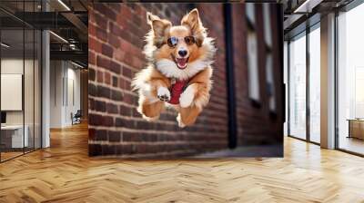 Lifestyle portrait photography of a cute shetland sheepdog leaping wearing a hipster glasses against a vintage brick wall. With generative AI technology Wall mural