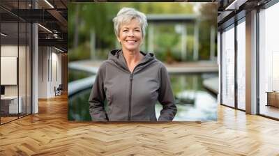 Lifestyle portrait photography of a happy mature woman wearing a comfortable tracksuit against a tranquil koi pond background. With generative AI technology Wall mural