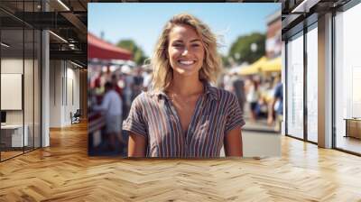 Lifestyle portrait photography of a satisfied girl in her 30s wearing a casual short-sleeve shirt against a bustling farmer's market background. With generative AI technology Wall mural