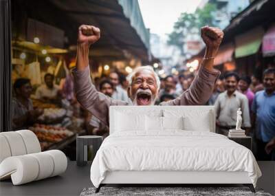 Lifestyle portrait photography of a satisfied old man celebrating with his fists against a bustling outdoor bazaar background. With generative AI technology Wall mural