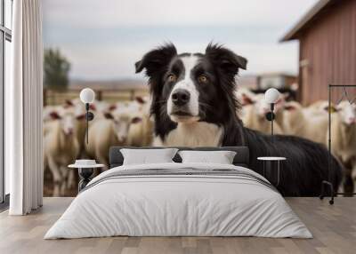 Medium shot portrait photography of a curious border collie playing with a group of dogs against alpaca and llama farms background. With generative AI technology Wall mural