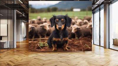 Medium shot portrait photography of a curious dachshund sitting against alpaca and llama farms background. With generative AI technology Wall mural