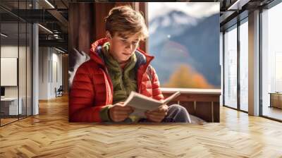 Medium shot portrait photography of a glad kid male reading a book against a picturesque mountain chalet background. With generative AI technology Wall mural