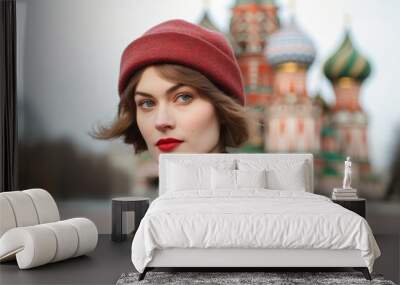 Medium shot portrait photography of a merry girl in his 30s wearing a sophisticated pillbox hat in front of the saint basils cathedral in moscow russia. With generative AI technology Wall mural