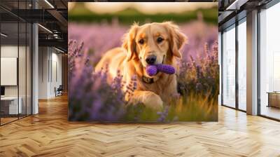 Medium shot portrait photography of an aggressive golden retriever having a toy in its mouth against lavender fields background. With generative AI technology Wall mural