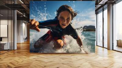 Portrait of a concentrated kid male doing water skiing in the sea. With generative AI technology Wall mural