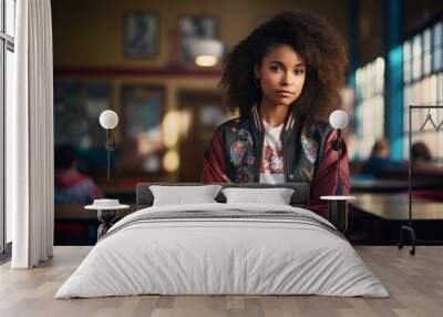 Portrait of a content afro-american woman in her 30s sporting a stylish varsity jacket over lively classroom background Wall mural