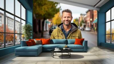 Portrait of a happy man in his 40s wearing a lightweight packable anorak in front of charming small town main street Wall mural