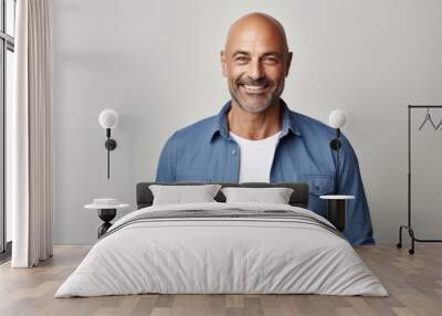 Portrait of a smiling man in his 50s sporting a versatile denim shirt over white background Wall mural