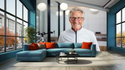 Portrait of a smiling man in his 80s sporting a technical climbing shirt in modern minimalist interior Wall mural