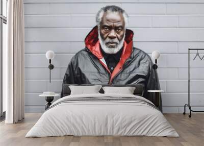 Portrait of a tender afro-american man in his 60s wearing a functional windbreaker over bare concrete or plaster wall Wall mural