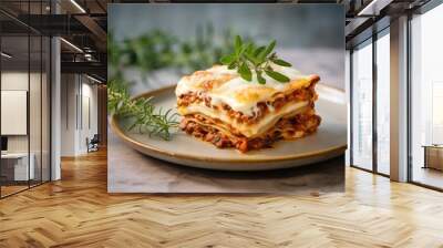 Refined lasagna on a marble slab against a pastel or soft colors background Wall mural