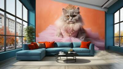 selkirk rex cat wearing a princess dress against a peachy pink background Wall mural