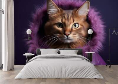 somali cat wearing a mouse costume against a deep purple background Wall mural