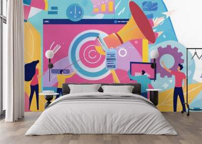 Dynamic flat design illustration of a red megaphone with social media icons and abstract shapes. Wall mural