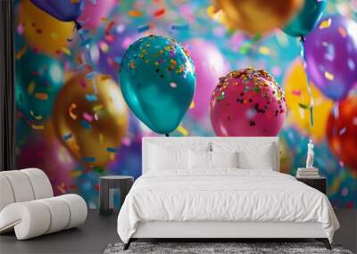 Happy birthday background with balloons and confetti. Celebrate your special day with joy and laughter. Wall mural