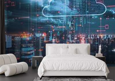 Isometric concept of cloud computing infrastructure with connected devices. Internet of Things Wall mural