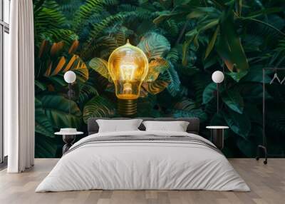 Radiant light bulb amid lush green foliage, symbolizing renewable energy sustainable consumption Wall mural