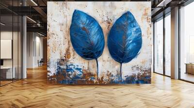 sharp painting featuring two blue leaves set against a textured brown white background Wall mural