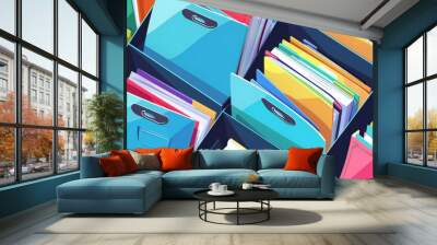 Stylized folders with documents in a vibrant, abstract setting. Organized data and management Wall mural