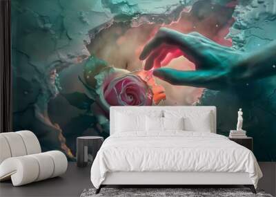 Surreal pastel scene unfolds as a hand emerges from a mysterious hole, attempting to snatch a rose Wall mural