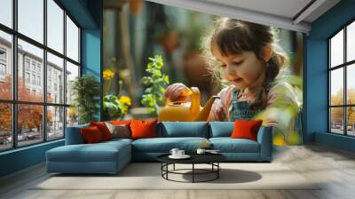 The nurturing spirit of a little girl is showcased as she lovingly waters and tends to plants Wall mural