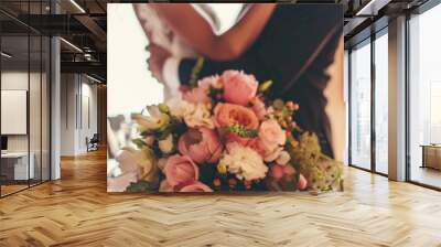 Wedding photography concept featuring an Asian couple's wedding picture on a table, capturing love Wall mural