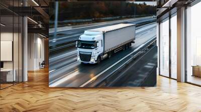 White truck on highway with natural landscape. Aerial photography with copy space. Logistics Wall mural