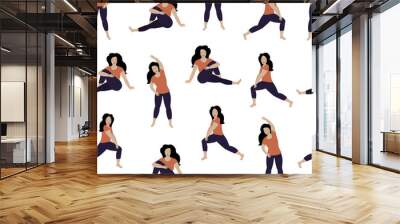 Seamless pattern with women doing stretching exercises.  Wall mural