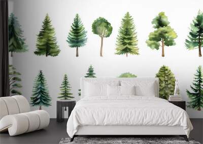 Set collection of hand drawn watercolor green forest tree and bush painting illustration Wall mural