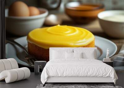 A delicious looking yellow frosted cake sits on a plate with a fork nearby, and two bowls are in the background - one larger than the other. An egg is partially visible above the cake. Wall mural