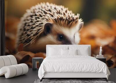 A hedgehog looks up from a bed of autumn leaves. Wall mural