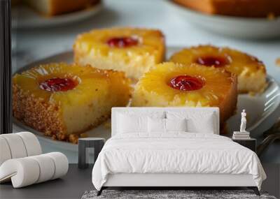 Three delicious slices of pineapple upside-down cake on a white table with one missing slice and two forks beside them. Wall mural