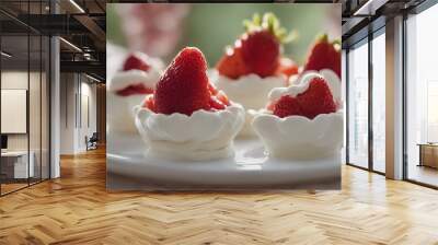 Two heart-shaped pastries filled with berry toppings and whipped cream sit on top of a white plate next to an empty bowl, and additional fruits are nearby. Wall mural