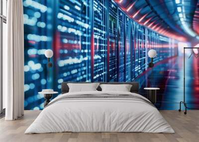 A futuristic data center hallway illuminated with vibrant blue and red lights, showcasing rows of server racks and digital technology. Wall mural