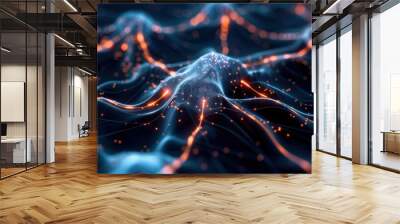 Abstract representation of data flow with luminous lines and particles creating a dynamic wave effect. Wall mural