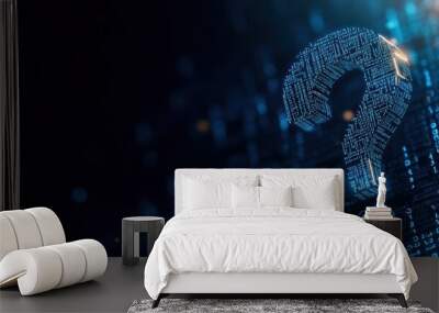 Digital question mark symbolizing inquiry and curiosity in a tech-themed background of binary numbers and glowing effects. Wall mural