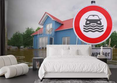 3d Illustation - Schild - Unwetter - Hochwasser - Überschwemmung - Haus - Überflutung - Versicherung Wall mural