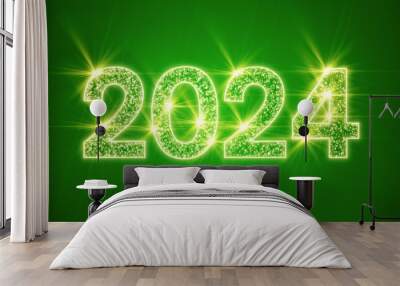 Illustration of abstract neon light in green with the numbers 2024 - represents the new year - holiday concept. Wall mural