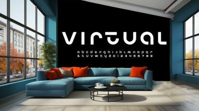 Technology science font, digital cyber alphabet made space future design, Latin lowercase bold letters A-Z and Arab numerals 0-9 space style Wall mural